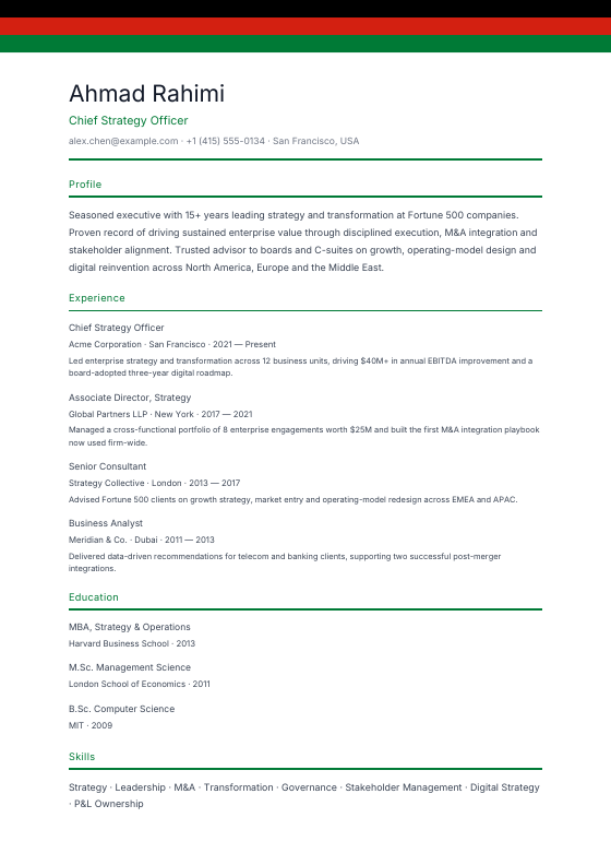 Afghanistan — English Ribbon (Horizontal) — CV template preview