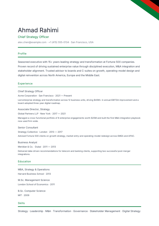 Afghanistan — English Ribbon (Diagonal) — CV template preview