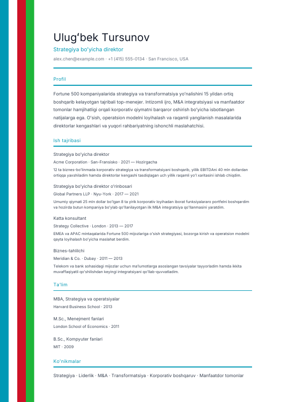 Uzbekistan — Oʻzbekcha Ribbon — CV template preview