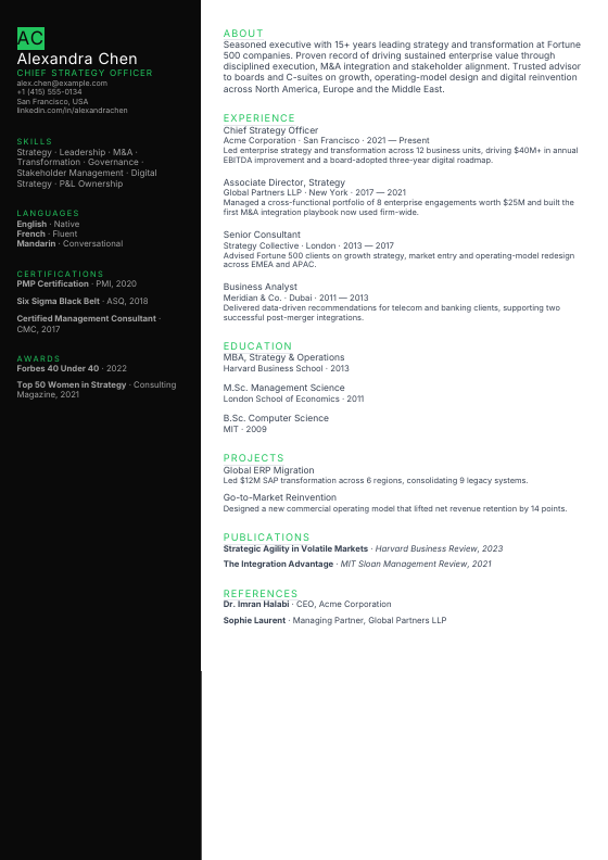 Developer Dark — CV template preview