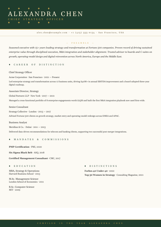 Imperial CEO Dossier — CV template preview