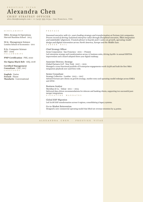Monogram Prestige Vitae — CV template preview