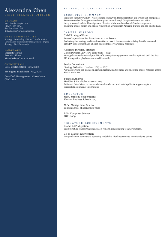 Banking & Capital Markets — CV template preview