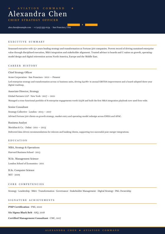 Aviation Captain — CV template preview