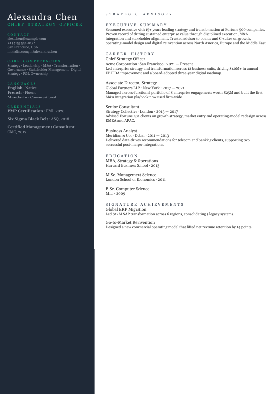 Consulting Partner Elite — CV template preview