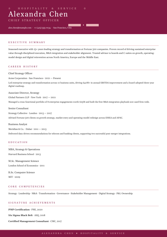 Hospitality Director — CV template preview